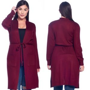Burgundy Belted Knit Cardigan